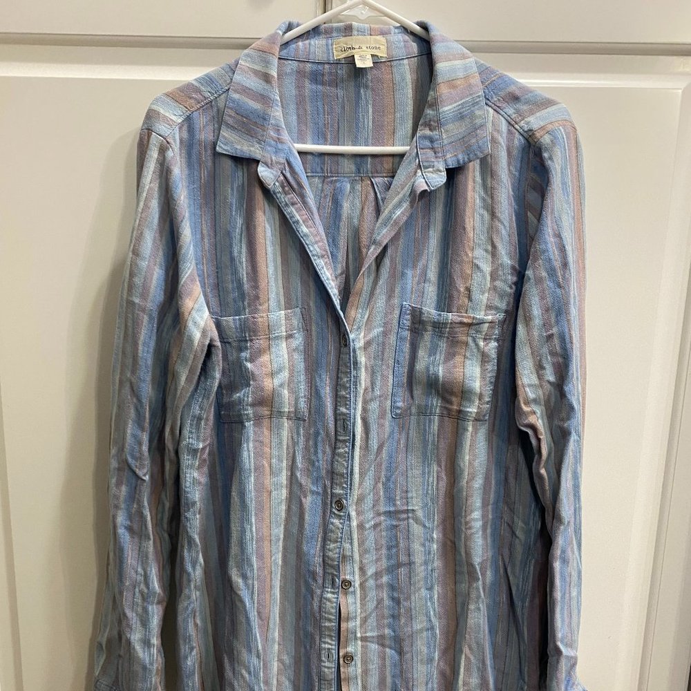 Cloth & Stone Anthropologie Shirt Button Down Top Striped Fringe Hem Large L